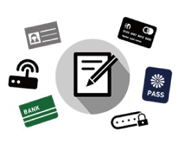 クレジットカードや銀行通帳のパスワードをメモしているイラスト