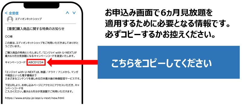 メール内のキャンペーンコードをコピーしてください
