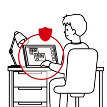 男性のパソコンが守られているイメージイラスト