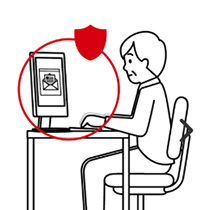 男性のパソコンが守られているイメージイラスト