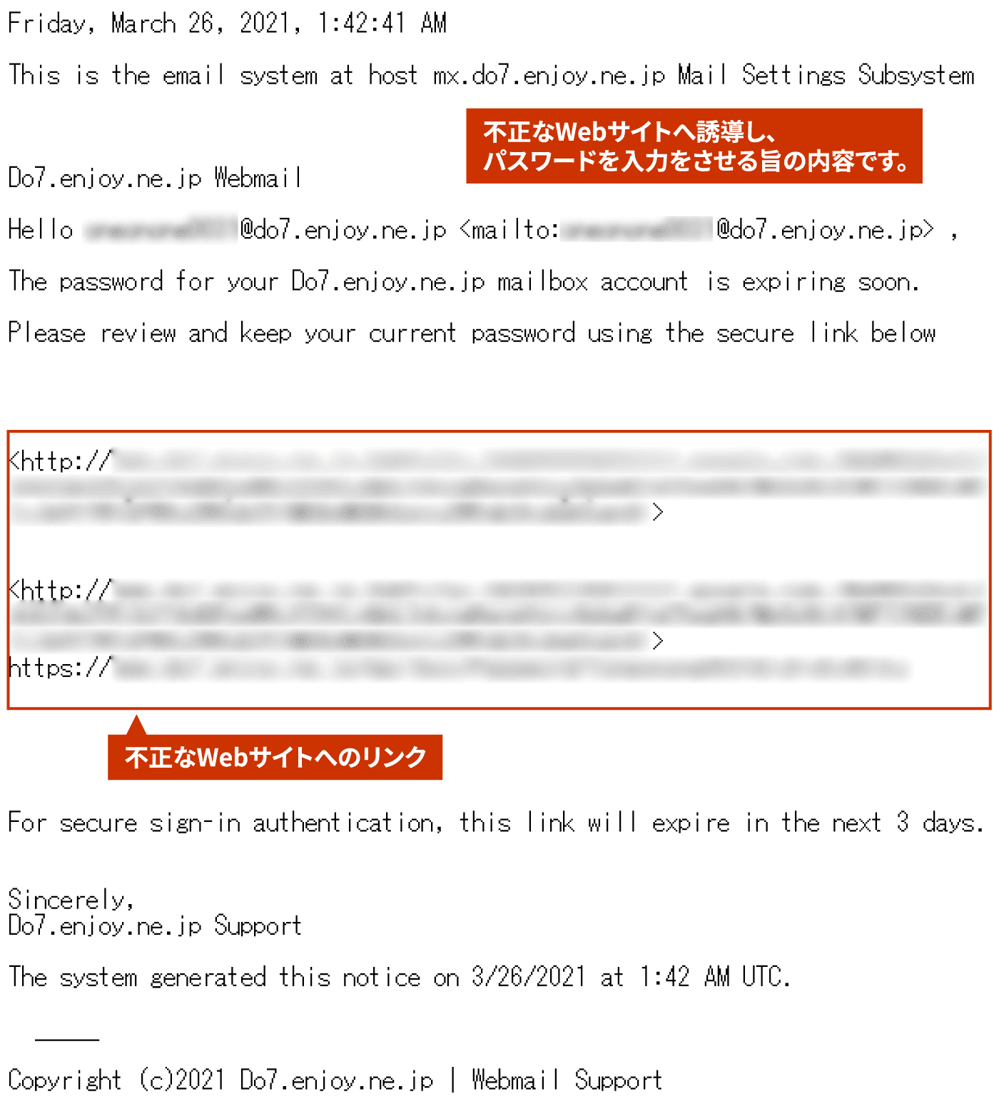 不正なWebサイトへ誘導し、パスワードを入力をさせる旨の内容です。不正なWebサイトへのリンク