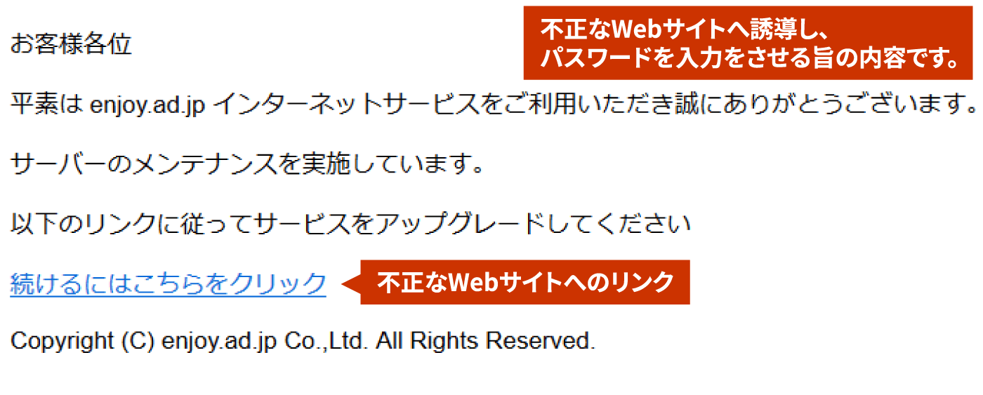 不正なWebサイトへ誘導し、パスワードを入力をさせる旨の内容です。不正なWebサイトへのリンク