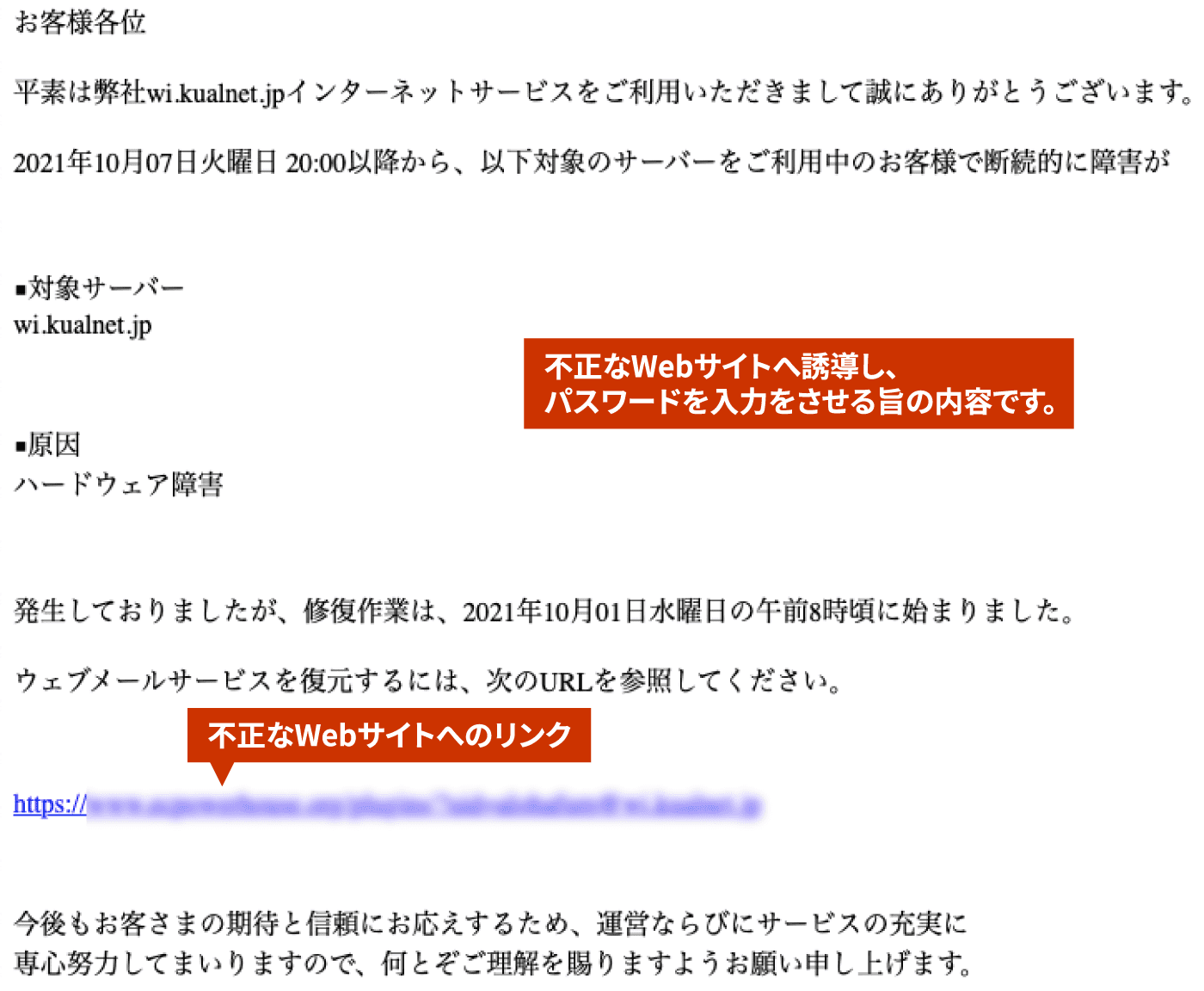 不正なWebサイトへ誘導し、パスワードを入力をさせる旨の内容です。不正なWebサイトへのリンク