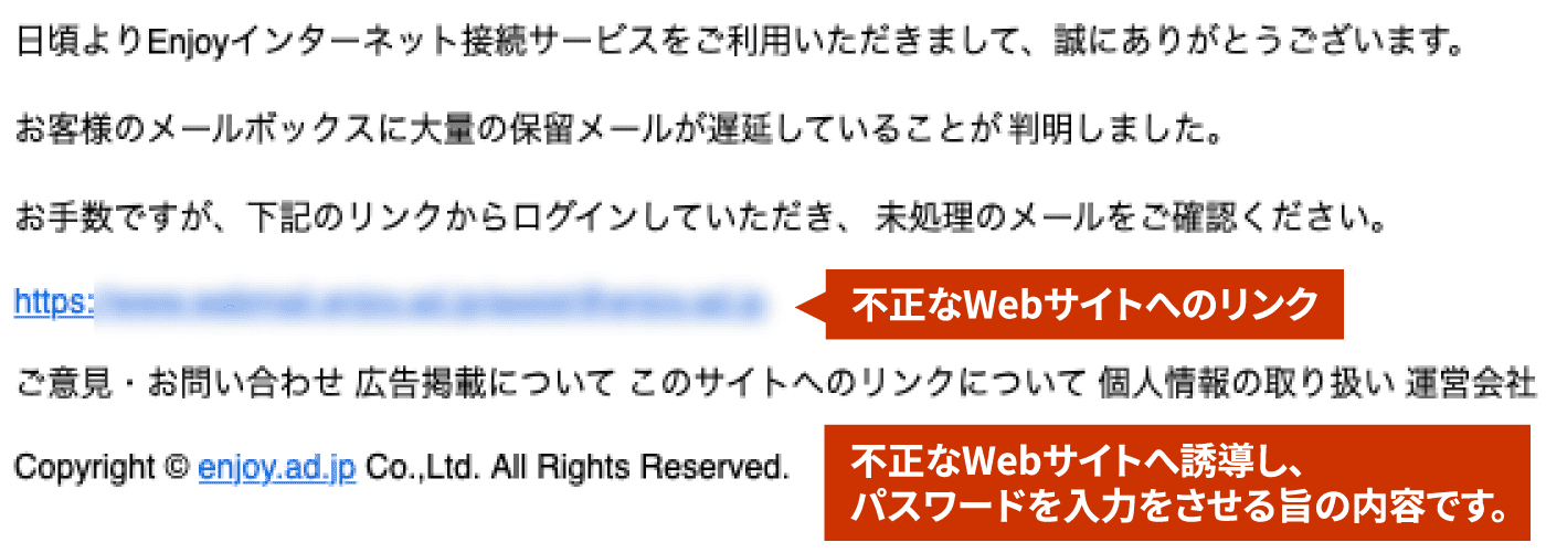 不正なWebサイトへ誘導し、パスワードを入力をさせる旨の内容です。不正なWebサイトへのリンク