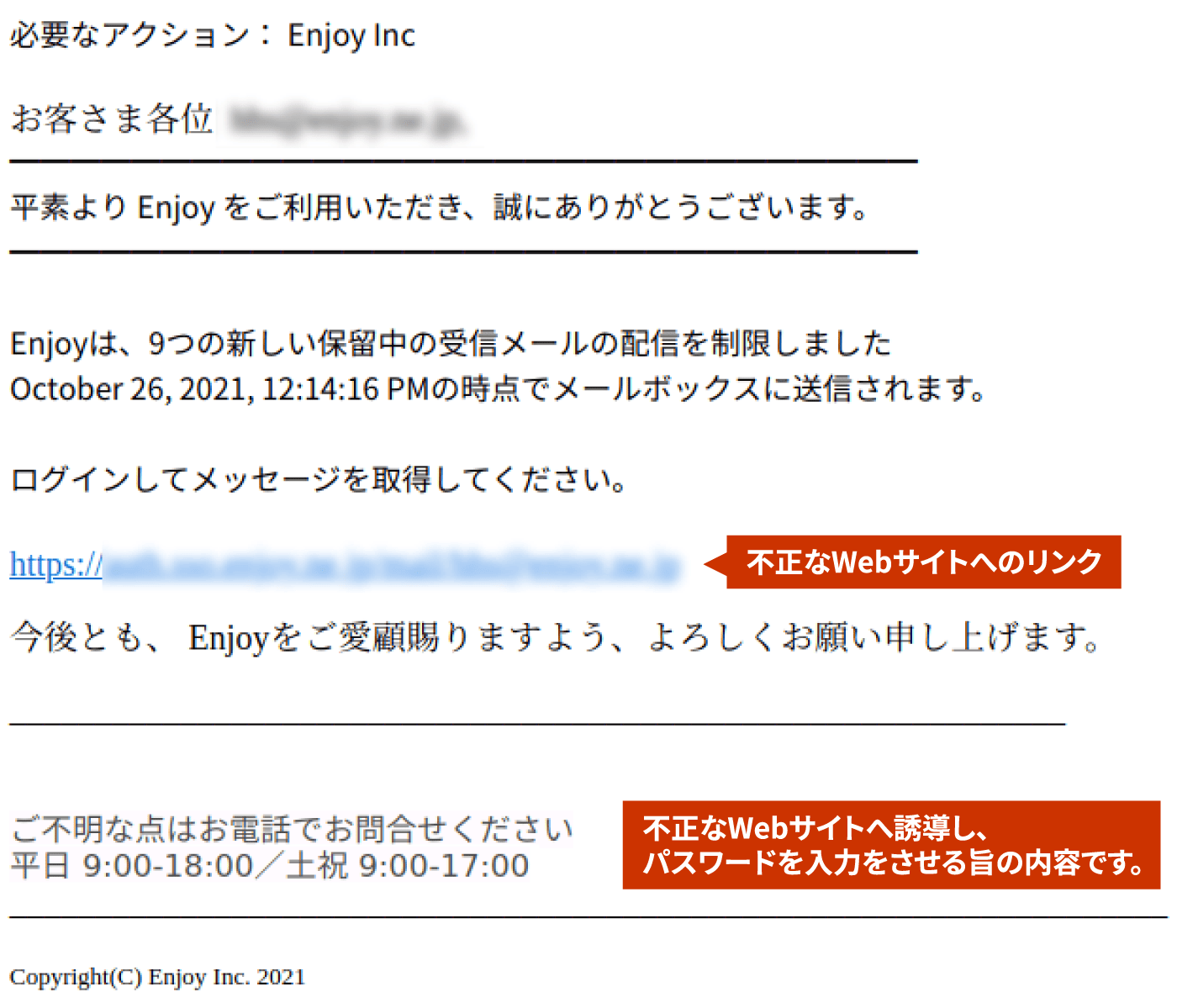 不正なWebサイトへ誘導し、パスワードを入力をさせる旨の内容です。不正なWebサイトへのリンク