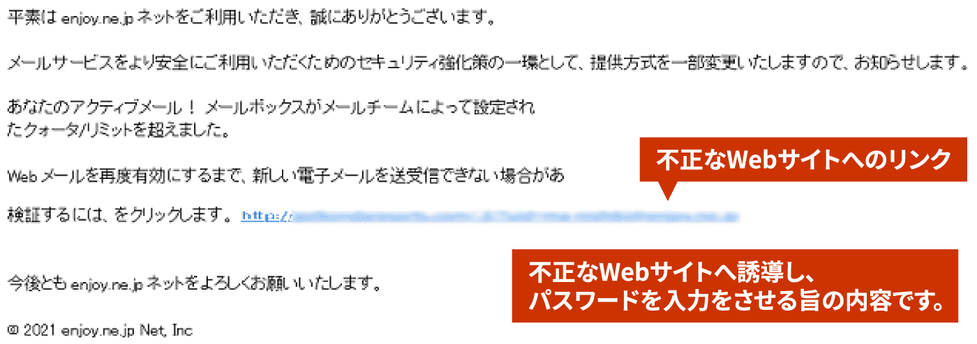 不正なWebサイトへ誘導し、パスワードを入力をさせる旨の内容です。不正なWebサイトへのリンク