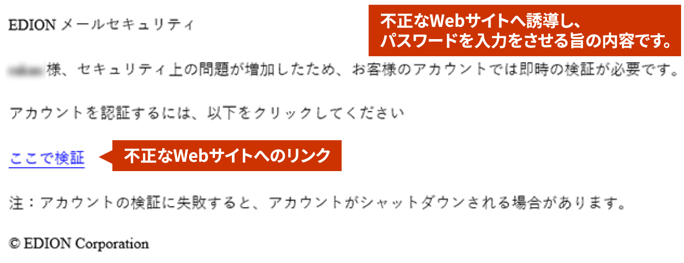 不正なWebサイトへ誘導し、パスワードを入力をさせる旨の内容です。不正なWebサイトへのリンク