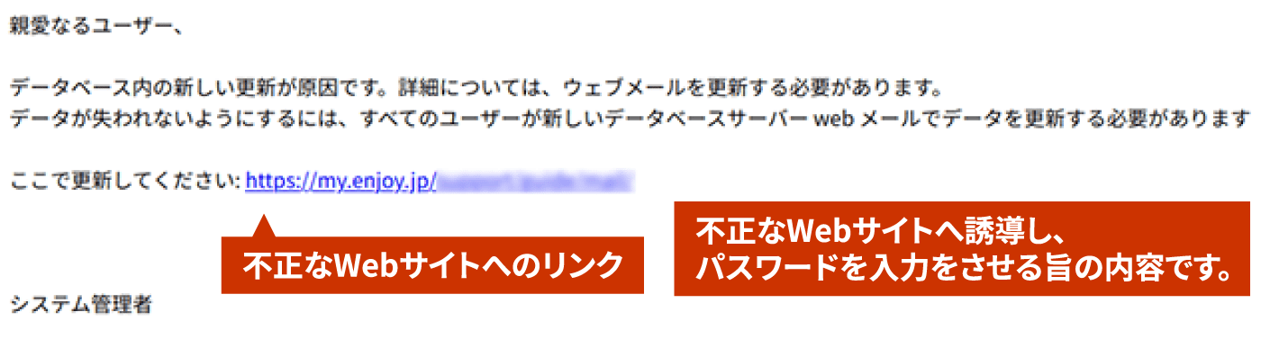 不正なWebサイトへ誘導し、パスワードを入力をさせる旨の内容です。不正なWebサイトへのリンク
