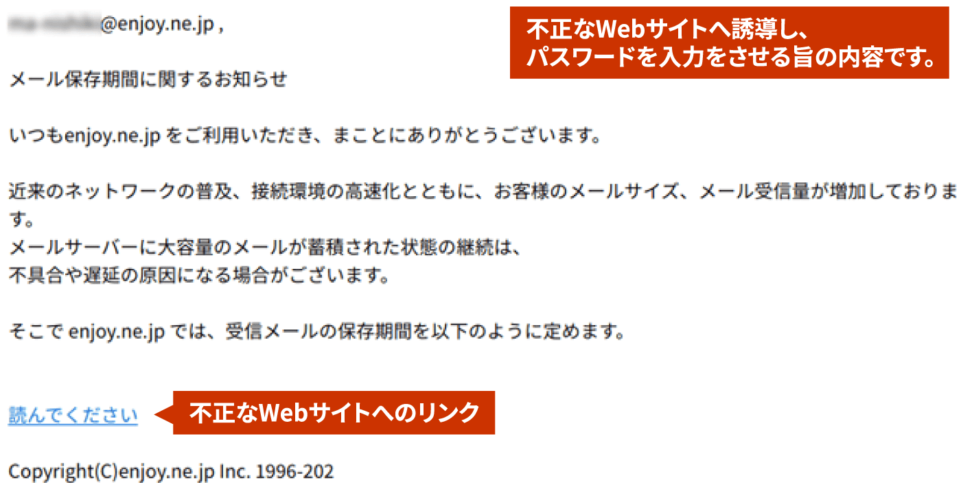 不正なWebサイトへ誘導し、パスワードを入力をさせる旨の内容です。不正なWebサイトへのリンク