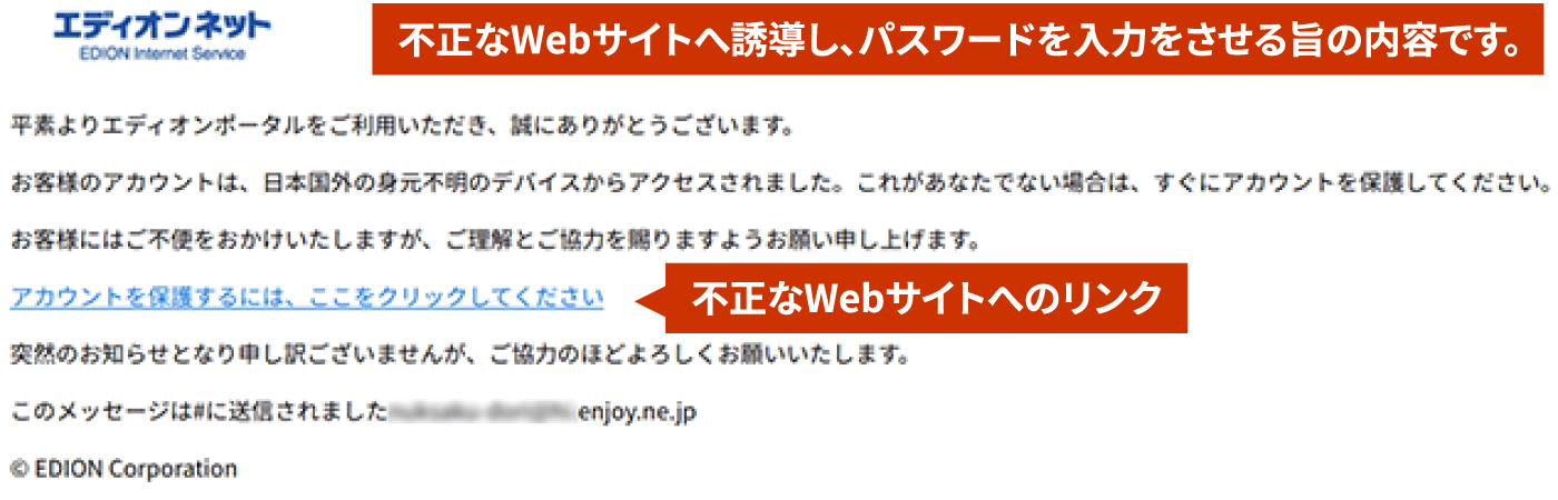 不正なWebサイトへ誘導し、パスワードを入力をさせる旨の内容です。不正なWebサイトへのリンク