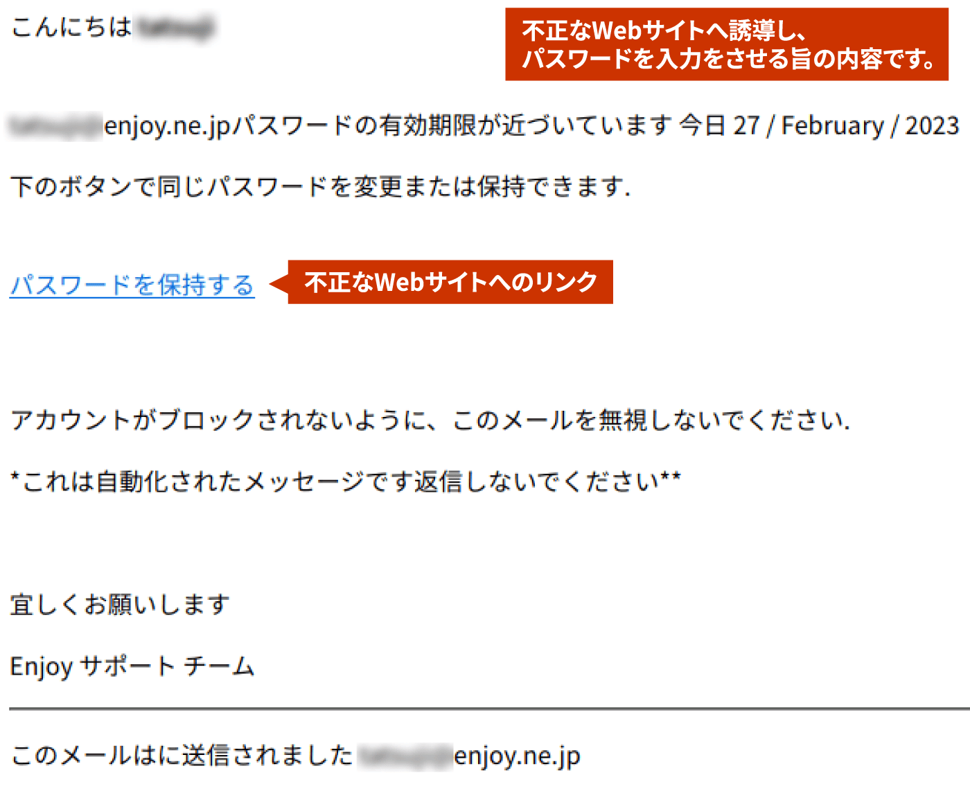 不正なWebサイトへ誘導し、パスワードを入力をさせる旨の内容です。不正なWebサイトへのリンク