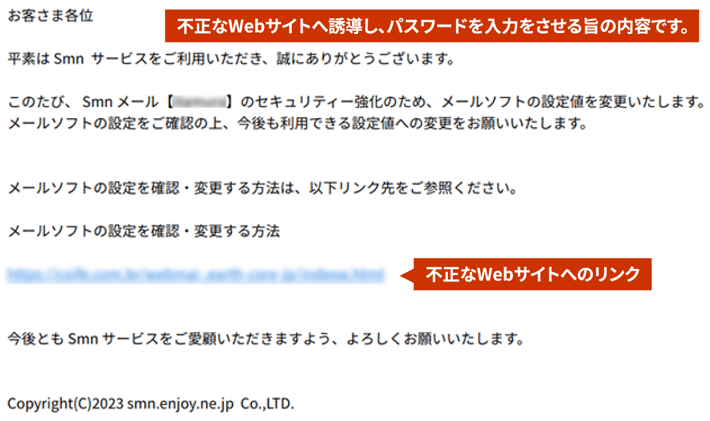不正なWebサイトへ誘導し、パスワードを入力をさせる旨の内容です。不正なWebサイトへのリンク