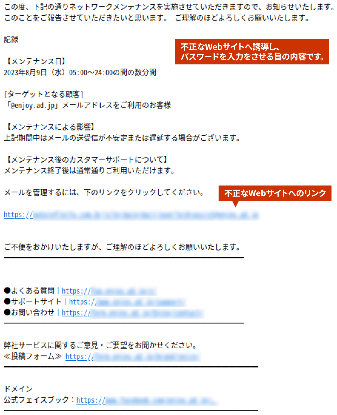不正なWebサイトへ誘導し、パスワードを入力をさせる旨の内容です。不正なWebサイトへのリンク