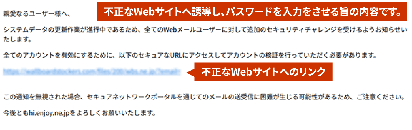 不正なWebサイトへ誘導し、パスワードを入力をさせる旨の内容です。不正なWebサイトへのリンク