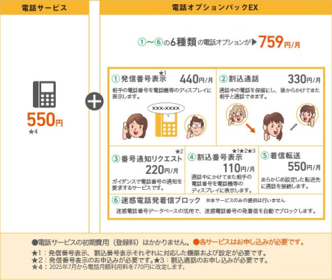 電話サービス月額550円に加え、6種類の電話オプションをまとめた『電話オプションパックEX』が月額759円。発信者番号表示、割込通話、番号通知リクエスト、割込番号表示、着信転送、迷惑電話発着信ブロックが含まれ、合計1,309円分のサービスが月額759円