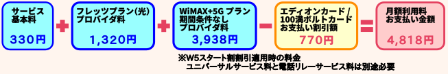 サービス基本料300円＋フレッツ（光）プロバイダ料1,320円＋WiMAX+5Gプラン（期間条件なし）プロバイダ料おトク割500円割引初回契約期間適用で3,938円－エディオンカードお支払い割引額700円＝月額利用料お支払い金額4,818円