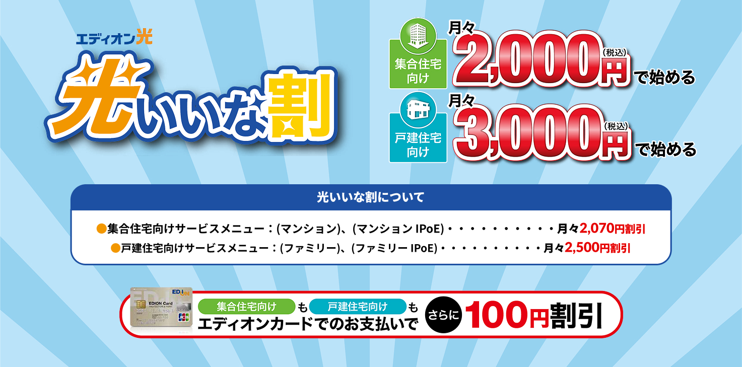 エディオン光『先いいな割』キャンペーン案内。集合住宅向けは月々2,000円（税込）で、戸建住宅向けは月々3,000円（税込）で始められる。
集合住宅は月々2,070円割引、戸建住宅は月々2,500円割引が適用。
さらに、エディオンカードでの支払いなら両プランとも月々100円（税込）追加割引。