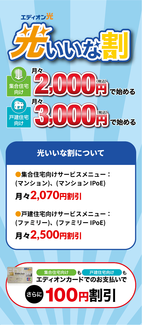 エディオン光『先いいな割』キャンペーン案内。集合住宅向けは月々2,000円（税込）で、戸建住宅向けは月々3,000円（税込）で始められる。
            集合住宅は月々2,070円割引、戸建住宅は月々2,500円割引が適用。
            さらに、エディオンカードでの支払いなら両プランとも月々100円（税込）追加割引。