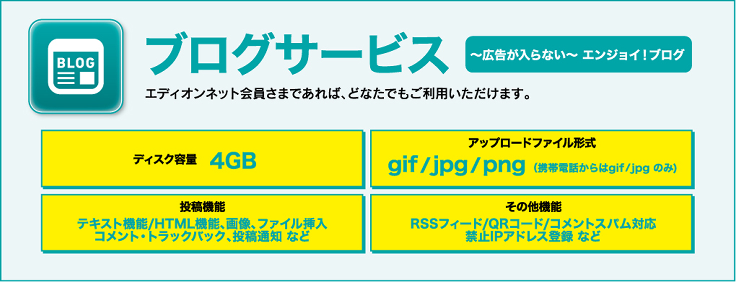 エディオンネットのブログサービス紹介。見出しは『広告が入らない～エンジョイ！ブログ』。エディオンネット会員なら誰でも利用可能。仕様：ディスク容量4GB、アップロード可能なファイル形式はgif／jpg／png（携帯電話からはgif・jpgのみ）。投稿機能にはテキスト・HTML・画像・ファイル挿入・コメント・トラックバック・投稿通知などを備える。その他機能としてRSSフィード、QRコード、コメントスパム対策、禁止IPアドレス登録などをサポート。