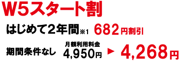 W5スタート割 はじめて2年間*1 682円割引 期間条件なし 月額利用料金4,950円→4,268円