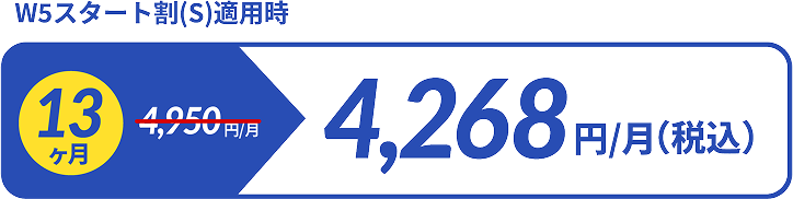 W5スタート割(S)適用時 13ヶ月 4,950円/月→4,268円/月（税込）