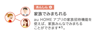 家族でみまもれる au HOME アプリの家族招待機能を使えば、家族みんなでみまもることができます★5。